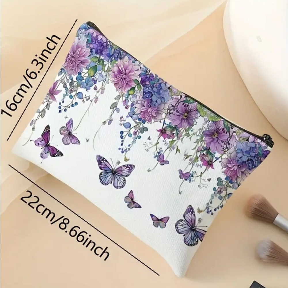 Floral Butterfly Print Makeup Pouch - White and Purple Cosmetic Bag - Picture 4 of 4